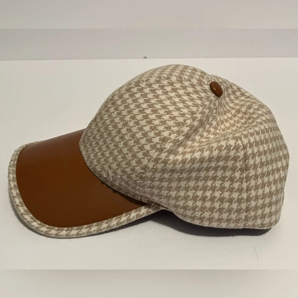 Houndstooth Baseball Cap, PU Leather Brim